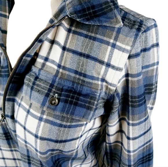 Chaps Zip-Front Plaid Shirt S Blue White Plaid Long Sleeves Buttoned Pockets - Picture 2 of 3